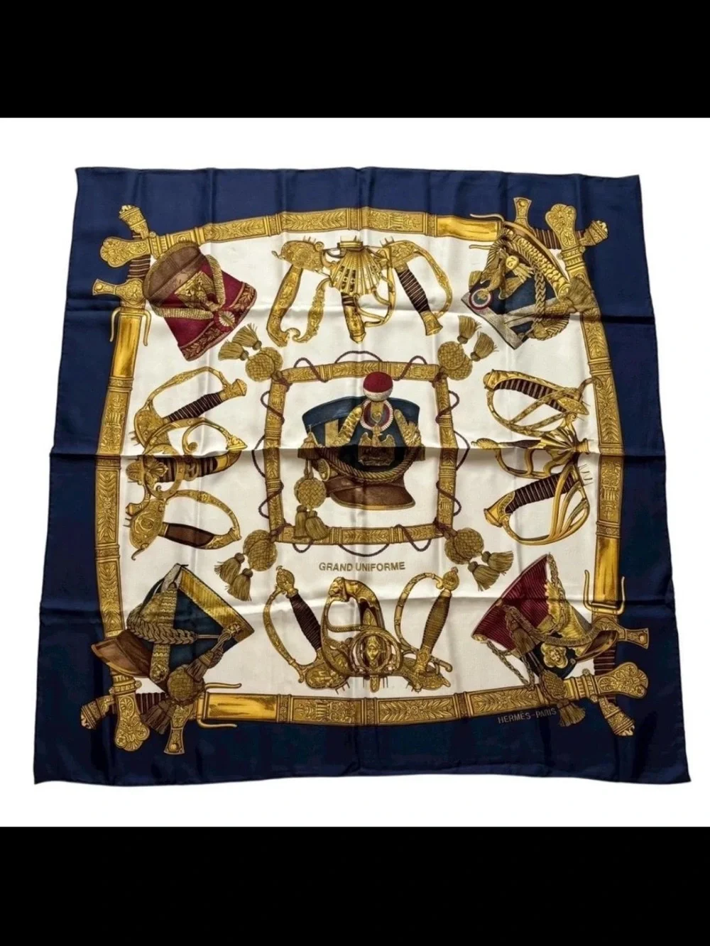 Hermes Navy, Gold & Cream Silk Scarf